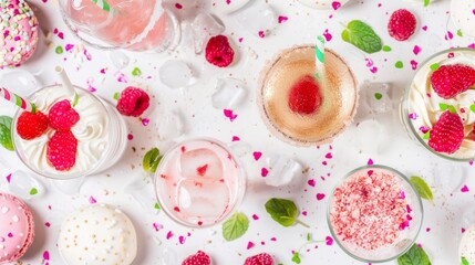 Canvas Print -  a table topped with desserts covered in frosting and raspberries on top of a table covered in confetti.