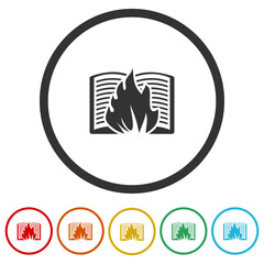 Sticker - Fire and book icon. Set icons in color circle buttons