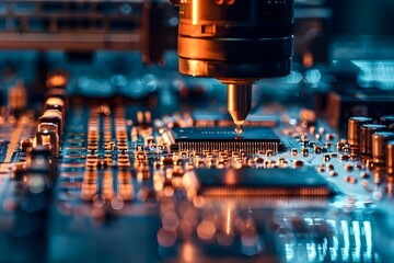 Poster - Closeup of a semiconductor chip being etched on a metal table in a manufacturing facility. Concept Semiconductor Manufacturing, Electronics Industry, Metal Etching, Close-up Shot, Industrial Process