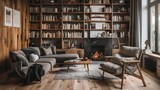 Fototapeta  - Cozy library. Living room filled with furniture.