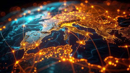 Wall Mural - Illustration of a digital globe with glowing network connections, symbolizing global communication and data exchange.