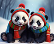 Cute fluffy two pandas in a winter hat and scarf look at the camera