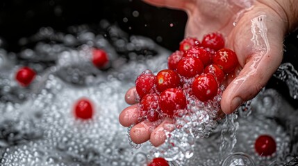 Poster -  a close up of a person's hand holding a bunch of raspberries in a stream of water.