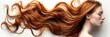 A luscious, shiny orange hairstyle with wavy, sensuous curls against an abstract background.