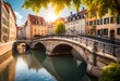 A charming bridge over a serene river in a picturesque European cityscape, with the sunlight dancing on the water's surface