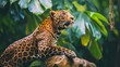  a close up of a leopard laying on a rock in front of a bunch of green plants and a tree.