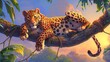  a painting of a leopard resting on a branch of a tree in a tropical setting with trees and clouds in the background.
