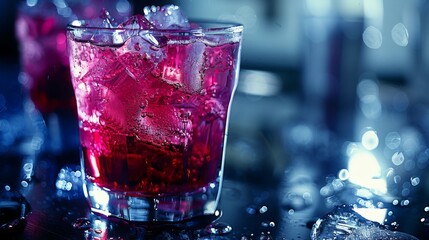 Sticker -  a close up of a drink in a glass on a table with ice cubes and a blurry background.