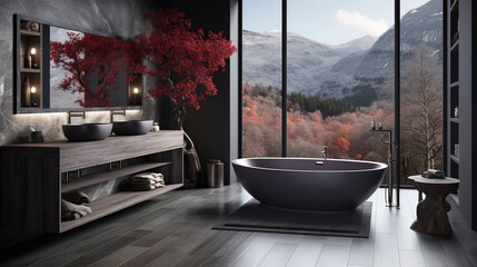 Stylish gray bathroom modern design with freestanding tub