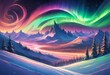 Vibrant ribbons of aurora dancing across a star-filled sky, casting a surreal glow over a snowy landscape below.