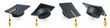 Vector illustration of set of black graduate cap with golden tassel on white background. 3d style design of collection of graduation hat in different angle with shadow