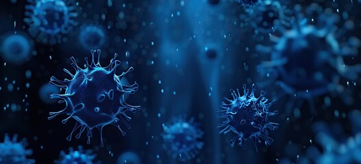 Floating blue virus shapes in a dark 3D rendered conceptual art