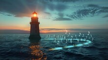 A Lighthouse Illuminating A Path Of Musical Notes In The Sea