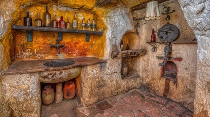 Poster -  a room with a sink and a bunch of bottles on the wall and a shelf with bottles on the wall.