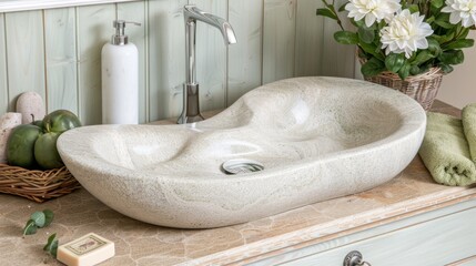 Poster -  a bathroom sink sitting on top of a counter next to a basket of flowers and a soap dispenser.