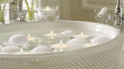 Canvas Print -  a bathtub filled with lots of white candles sitting on top of a bath tub filled with lots of white candles.