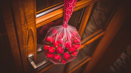 Sticker -  a bouquet of red roses wrapped in a plastic bag hanging from a window sill in front of a wooden door.