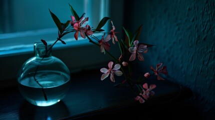 Canvas Print -  a vase filled with water sitting next to a window sill with pink flowers in it on top of a table.