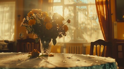 Poster -  a vase filled with yellow flowers sitting on top of a table next to a tablecloth on a wooden table.