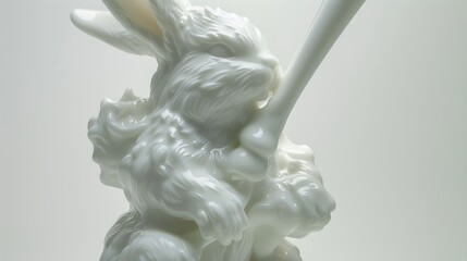 Wall Mural -  a close up of a white sculpture of a rabbit holding a toothbrush in it's mouth and holding a toothbrush in it's mouth.