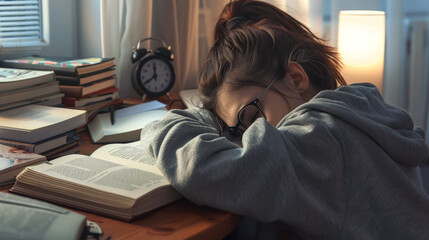 Canvas Print - A person in a grey hoodie rests their head on a desk, amidst a chaos of open books.