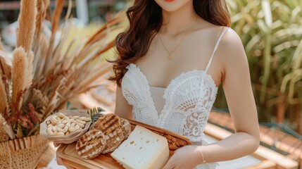 Wall Mural -  a woman in a white dress holding a platter of bread and crackers in front of a potted plant.