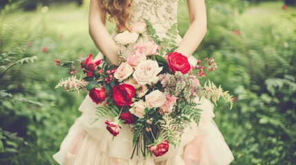 Wall Mural -  a woman in a dress holding a large bouquet of flowers in her hands in front of a lush green field.