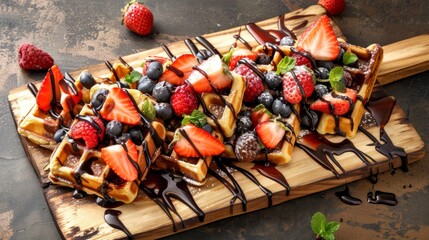 Wall Mural -  a waffle topped with strawberries, blueberries, raspberries, and chocolate drizzled.