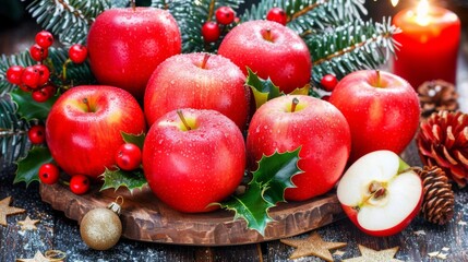 Poster -  a christmas arrangement of apples, holly, and pine cones on a wooden platter with candles and pine cones.