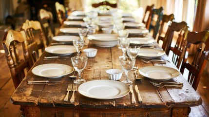 Wall Mural -  a long wooden table with white plates and silverware on top of it in a room with wood flooring.