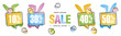 Spring Easter Sale special offer 10 30 40 50 percent off colorful eggs and Easter bunny negative space discount numbers stickers on white background