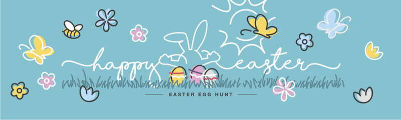 Wall Mural - Easter egg hunt we wish you a holy and blessed Easter handwritten typography lettering art line design of Easter bunny, colorful eggs, flowers, butterflies in grass spring sea green background
