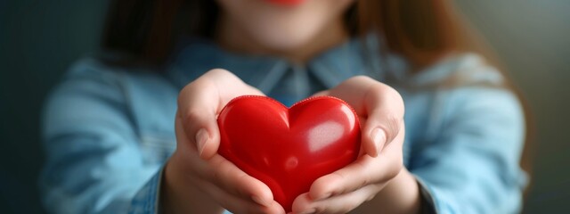 Close up of happy charity volunteer young woman hands holding red heart wishing hope or gratitude for World Hearts Day. Compliment day concept suitable for prayer and trust.