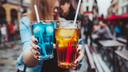  a close up of a person holding two glasses of drinks in front of a bench with people in the background.