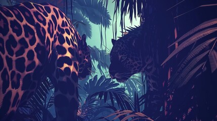  a painting of a leopard and a leopard in a jungle of palm trees and palm trees, with a blue sky in the background.