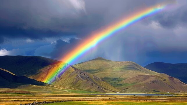  a rainbow shines brightly in the sky above a mountain range with a lake and mountains in the foreground.