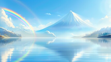 Wall Mural -  a painting of a lake with a mountain in the background and a rainbow in the sky over the water and trees in the foreground.
