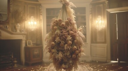 Sticker -  a bunch of dried flowers hanging from a chandelier in a room with chandeliers on either side of the chandelier.