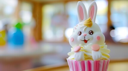 Poster -  a close up of a cupcake with a bunny on top of it and a pink and white cupcake in front of it.