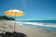Beach, product under a beach umbrella, bright sunny day, low sun level, generated with AI