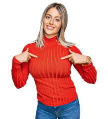 Sticker - Beautiful blonde woman wearing casual clothes looking confident with smile on face, pointing oneself with fingers proud and happy.