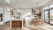 Modern kitchen with white cabinets, white counter top and table, upright view, minimalist style, clean lines, natural light, neutral tones, wooden barstools around, minimalist, generated with AI