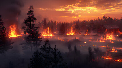 Wall Mural - burning vilage in the evening burning forest. Photoreal