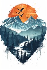  Heart shape with mountains, birds, trees and sun inside the heart. white background, illustration,generated with AI