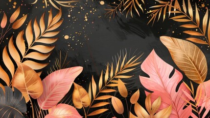 Wall Mural - Dark black background with striking gold and pink leaves elegantly placed throughout