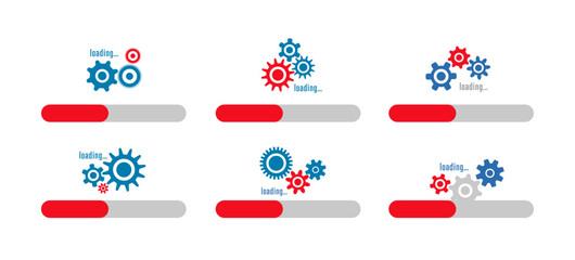 Wall Mural - Loading bar set for updates, software download, upload concept vector with gears. Webpage internet loading sign to use for programming, web development, webpage error, mobile app design.