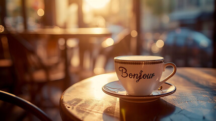 coffee cup that says bonjour in a cafe in morning light