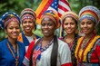 Group of Smiling Women Proudly Displaying Cultural Dress and American Flag - A Celebration of Diversity