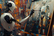 Roboartist painting its artwork piece, robots takes over the human artists job concepts and bots doing artificial intelligence art, mixed digital 3d illustration and matte painting