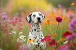 A proud Dalmatian standing alert amidst a field of vibrant wildflowers, its spots adding a playful contrast to the colorful blooms,